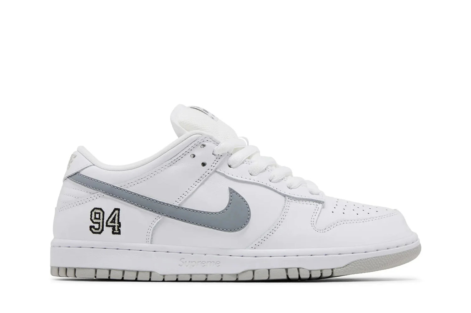 Nike SB Dunk Low Supreme 94 White Metallic Silver Branco